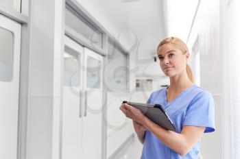 Female Doctor Wearing Scrubs In Hospital Corridor Using Digital Tablet