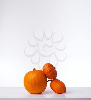 Autumn Still Life Composed Of Different Types Of Pumpkins On White Background