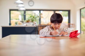 Young Asian Boy Home Schooling Working At Table In Kitchen Writing In Book
