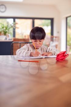 Young Asian Boy Home Schooling Working At Table In Kitchen Writing In Book