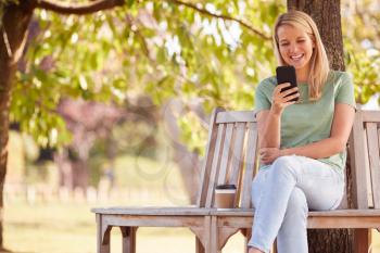 Woman Sitting Bench Under Tree In Summer Park Using Mobile Phone