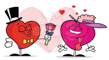 Royalty Free Clipart Image of a Dashing Heart Giving a Female Heart a Flower