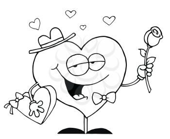 Royalty Free Clipart Image of a Heart With a Rose and Box of Chocolates