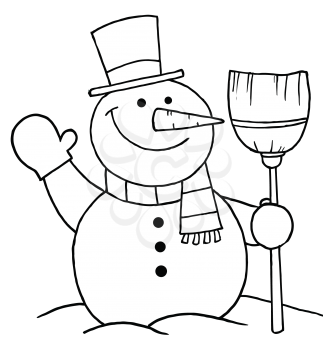 Royalty Free Clipart Image of a Snowman With a Broom