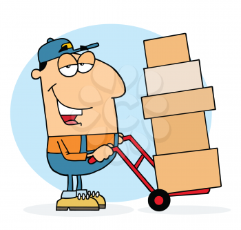 Royalty Free Clipart Image of a Man With Boxes on a Dolly