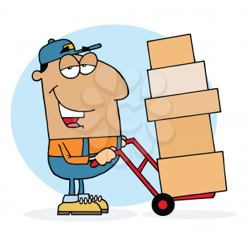 Royalty Free Clipart Image of a Man With Cartons on a Dolly