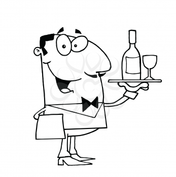 Royalty Free Clipart Image of a Man With Wine and a Wineglass on a Tray
