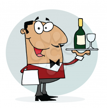 Royalty Free Clipart Image of a Waiter With Wine and a Wineglass