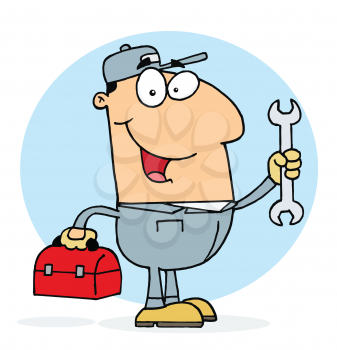 Royalty Free Clipart Image of a Man With a Wrench and a Toolbox