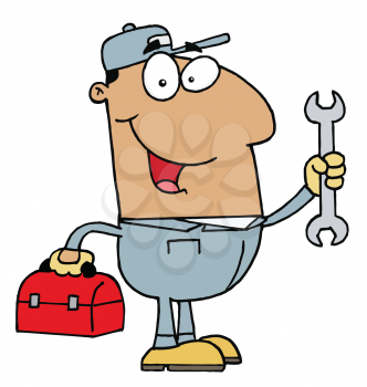 Royalty Free Clipart Image of a Man With a Toolbox and Wrench