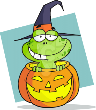 Royalty Free Clipart Image of a Frog in a Jack-o-Lantern