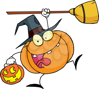 Royalty Free Clipart Image of a Pumpkin Wearing a Witch's Hat Holding a Broomstick