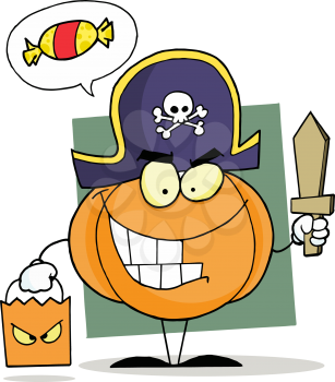 Royalty Free Clipart Image of a Pumpkin Wearing a Pirate Costume