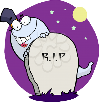 Royalty Free Clipart Image of a Ghost Beside a Tombstone