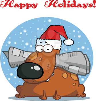 Royalty Free Clipart Image of a Dog in a Santa Hat With a Newspaper