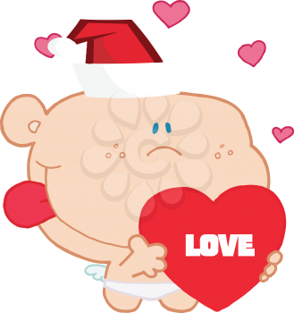 Royalty Free Clipart Image of a Cupid Holding a Heart and Wearing a Santa Hat