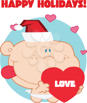 Royalty Free Clipart Image of Cupid Holding a Heart and Wearing a Santa Hat