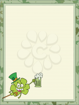 Royalty Free Clipart Image of a Saint Patrick's Background With a Shamrock Holding a Beer