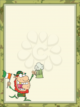 Royalty Free Clipart Image of a Leprechaun Holding a Beer on a Background With a Border