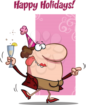 Royalty Free Clipart Image of a Woman With a Drink on a Holiday Greeting