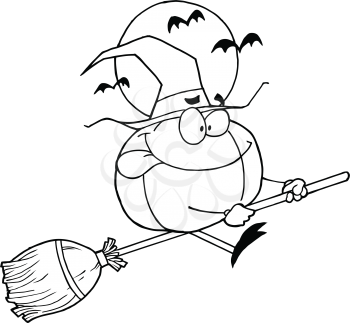 Royalty Free Clipart Image of a Pumpkin Riding a Broom