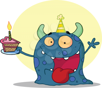 Royalty Free Clipart Image of a Blue Monster With a Birthday Cake