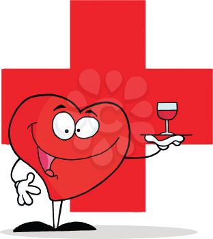 Royalty Free Clipart Image of a Heart Holding a Glass of Wine in Front of a Red Cross