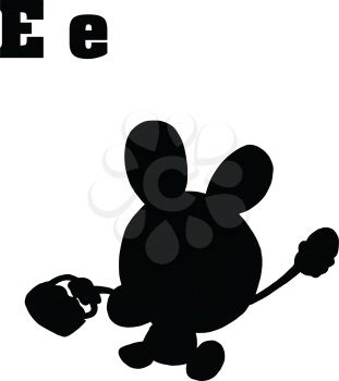 Royalty Free Clipart Image of a Silhouetted Easter Bunny Under the Letter E