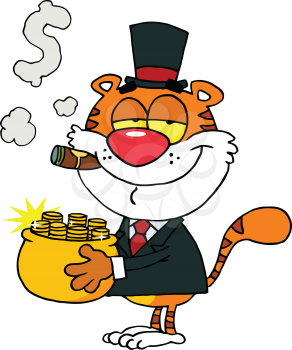 Royalty Free Clipart Image of a Wealthy Tiger With a Pot of Gold