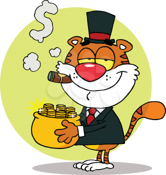 Royalty Free Clipart Image of a Wealthy Tiger With a Pot of Gold