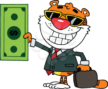 Royalty Free Clipart Image of a Tiger With Money in Its Hand