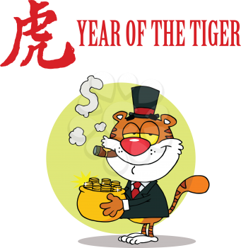 Royalty Free Clipart Image of a Wealthy Tiger Under the Year of the Tiger Heading