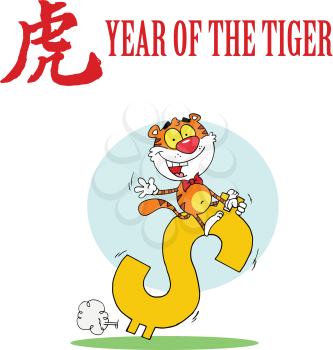 Royalty Free Clipart Image of a Tiger Riding a Dollar Sign for the Year of the Tiger