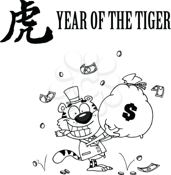 Royalty Free Clipart Image of a Tiger With Money Under the Sign of the Year of the Tiger