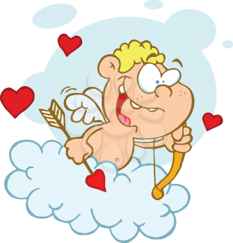 Royalty Free Clipart Image of Cupid with a Bow and Arrow Flying in a Cloud