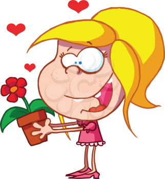 Royalty Free Clipart Image of a Happy Young Girl Holding a Flower Pot