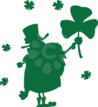 Royalty Free Clipart Image of a Happy Leprechaun Silhouette Holding a Shamrock
