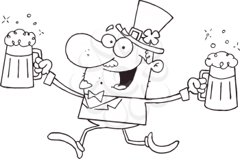 Royalty Free Clipart Image of a Lucky Leprechaun Running With Two Pints of Beer