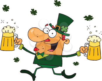 Royalty Free Clipart Image of a Happy Leprechaun Carrying Two Pints of Beer