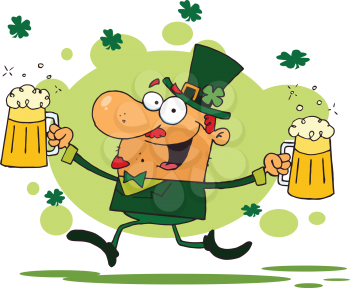 Royalty Free Clipart Image of a Happy Leprechaun With Two Pints of Beer