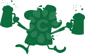 Royalty Free Clipart Image of a Happy Silhouetted Woman Leprechaun Running With Two Pints of Beer