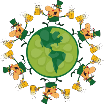 Royalty Free Clipart Image of Happy Leprechauns With Two Pints of Beer Dancing Around Globe