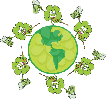 Royalty Free Clipart Image of Shamrocks Making a Toast With Green Beer Around the Globe