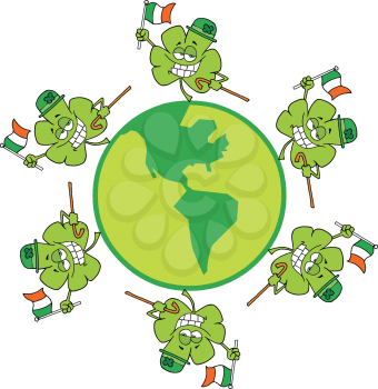 Royalty Free Clipart Image of Happy Hat Wearing Shamrocks Dancing Around a Globe and Waving Ireland's Flag