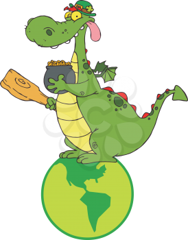 Royalty Free Clipart Image of a Dragon Leprechaun With a Pot of Gold and a Mace Sitting on a Globe