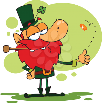 Royalty Free Clipart Image of a Leprechaun Flipping a Gold Coin