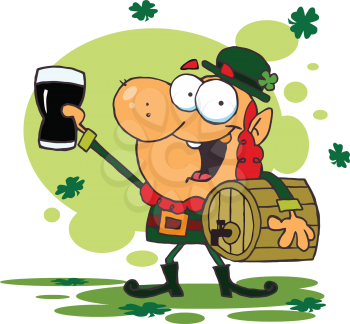 Royalty Free Clipart Image of a Leprechaun Toasting With a Glass of Beer and Holding a Cask