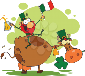 Royalty Free Clipart Image of a Leprechaun With a Beer and an Irish Flag on a Cow