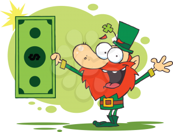 Royalty Free Clipart Image of a Leprechaun Holding Cash