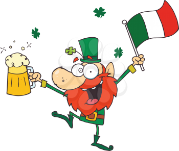 Royalty Free Clipart Image of a Dancing Leprechaun With a Beer Waving a Flag